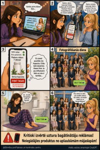 Komikss, kurā redzama jauna meitene domājot iegādāties medikamentus internetā