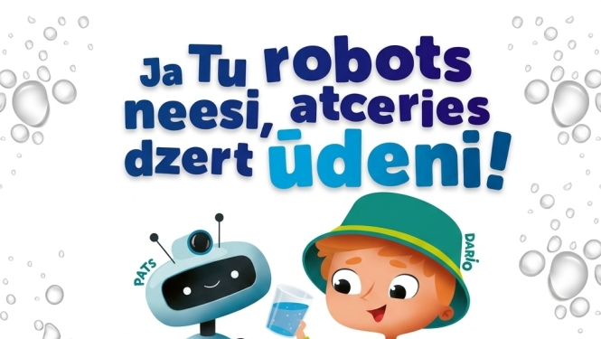 Animēti tēli - zēns piedāvā robotam glāzi ūdens