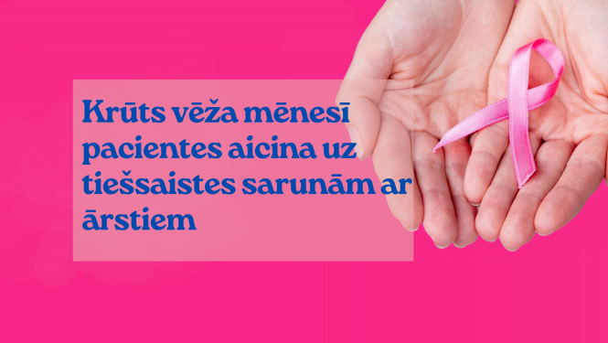 Uz rozā fona ziņas virsraksta teksts un rozā lentīte sievietes plaukstās