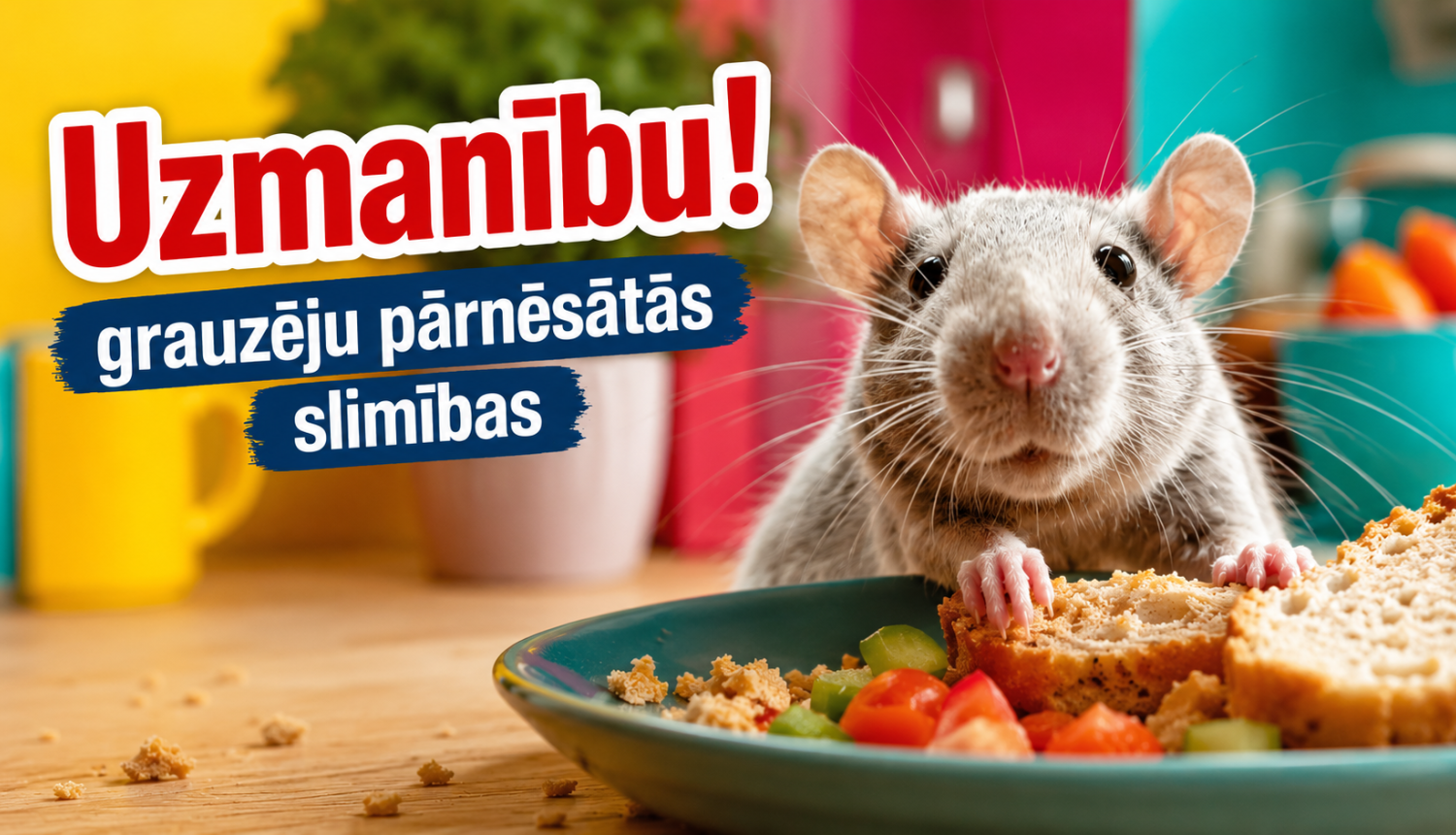 Attēlā žurka, kas ir uz galda pie cilvēku ēdiena