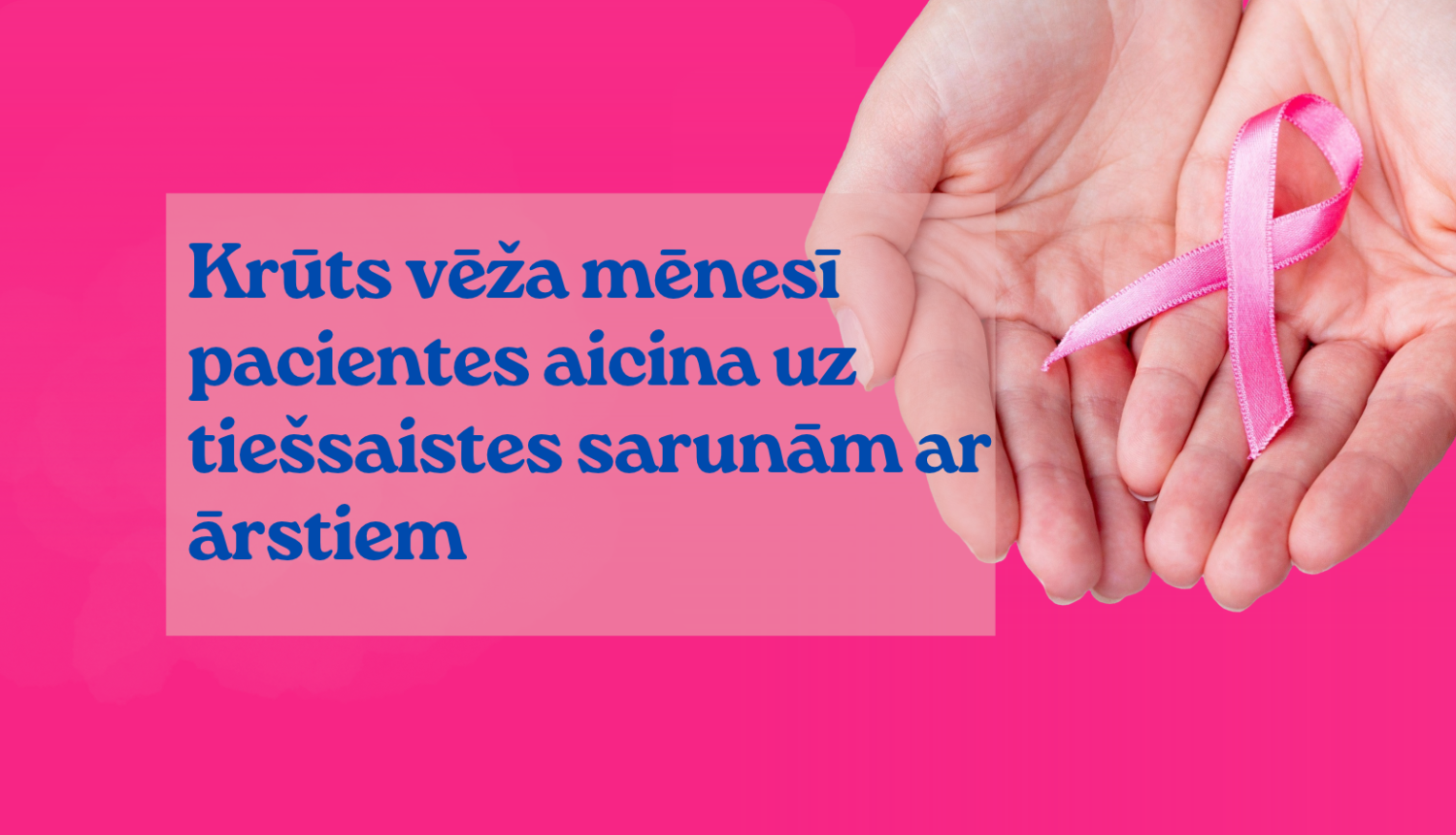 Uz rozā fona ziņas virsraksta teksts un rozā lentīte sievietes plaukstās