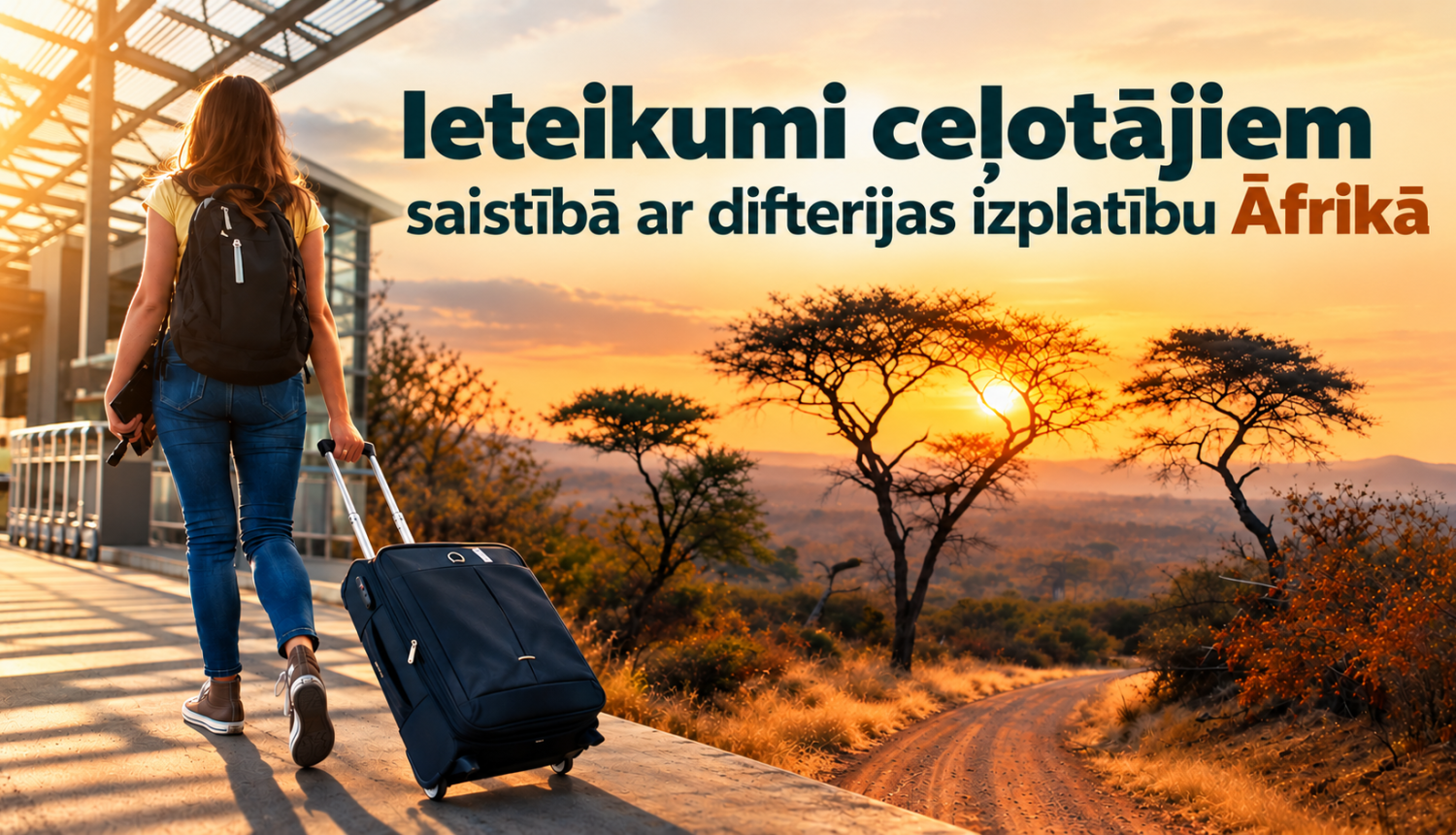 Āfrikas dabasskats un ceļotājs ar koferi