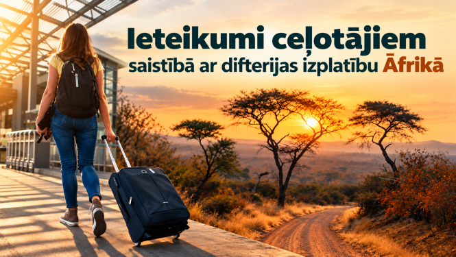 Āfrikas dabasskats un ceļotājs ar koferi