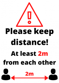 Brīdinājuma attēls par 2m distances ievērošanu angliski