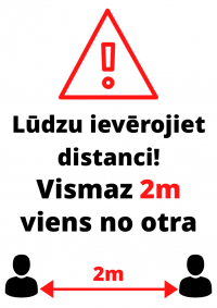 Brīdinājuma attēls par 2m distances ievērošanu latviski