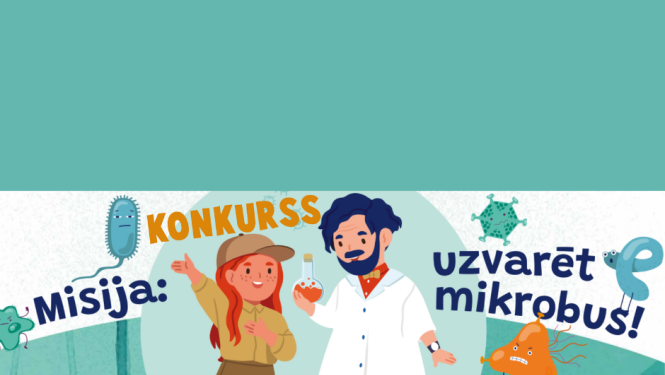 Baneris konkursam par mikrobiem zaļā krāsā
