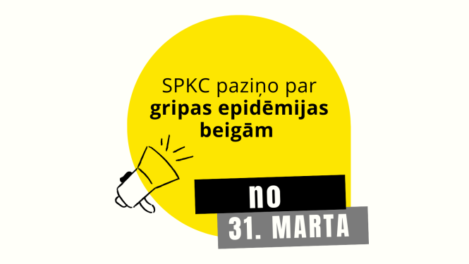 Attēlā dzeltens aplis uz balta fona ar uzrakstu par gripas epidēmijas beigām