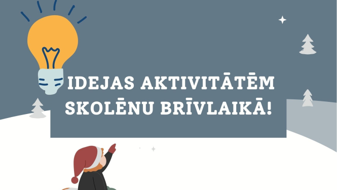 uz balta sniegota kalna ragavās sēž rūķis, kas rāda uz uzrakstu idejas aktivitātēm skolēnu brīvlaikā