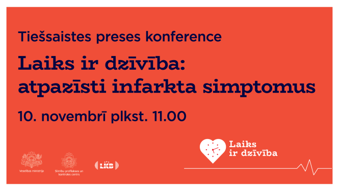 uz sarkana fona melniem burtiem aicinājums uz tiešraidi par infarkta simptomiem