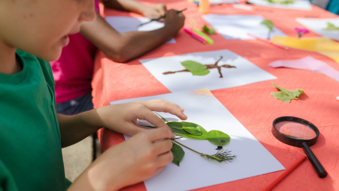 Bērni līmē dzīvniekus no rudens lapām