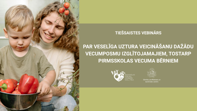 Uz zaļa fona sieviete tur klēpī dēlu ar dārzeņu bļodu rokās