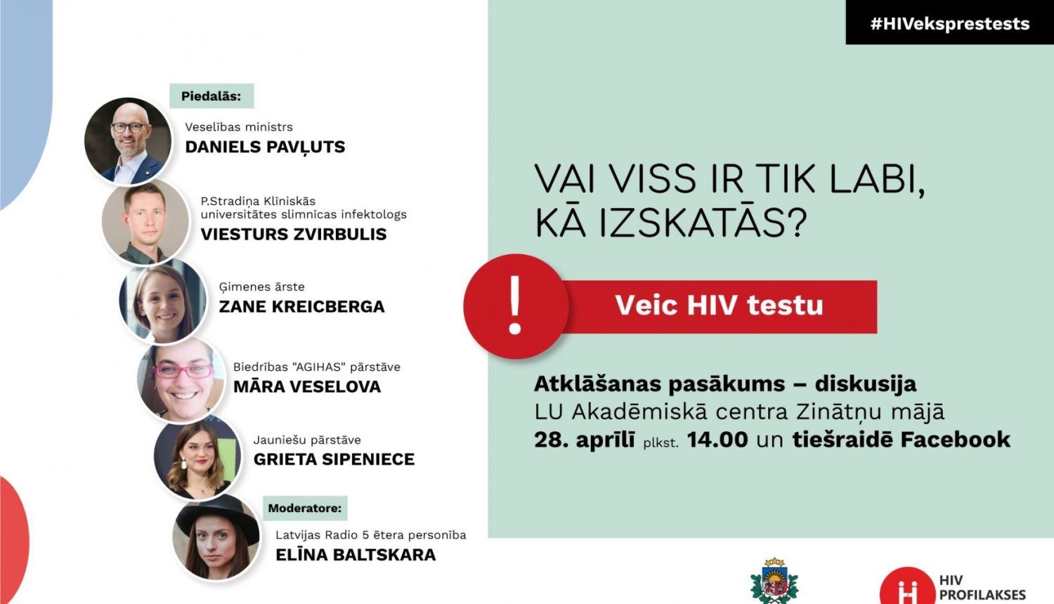 aicinājums uz kampaņas pasākumu un attēli sešām runas personām