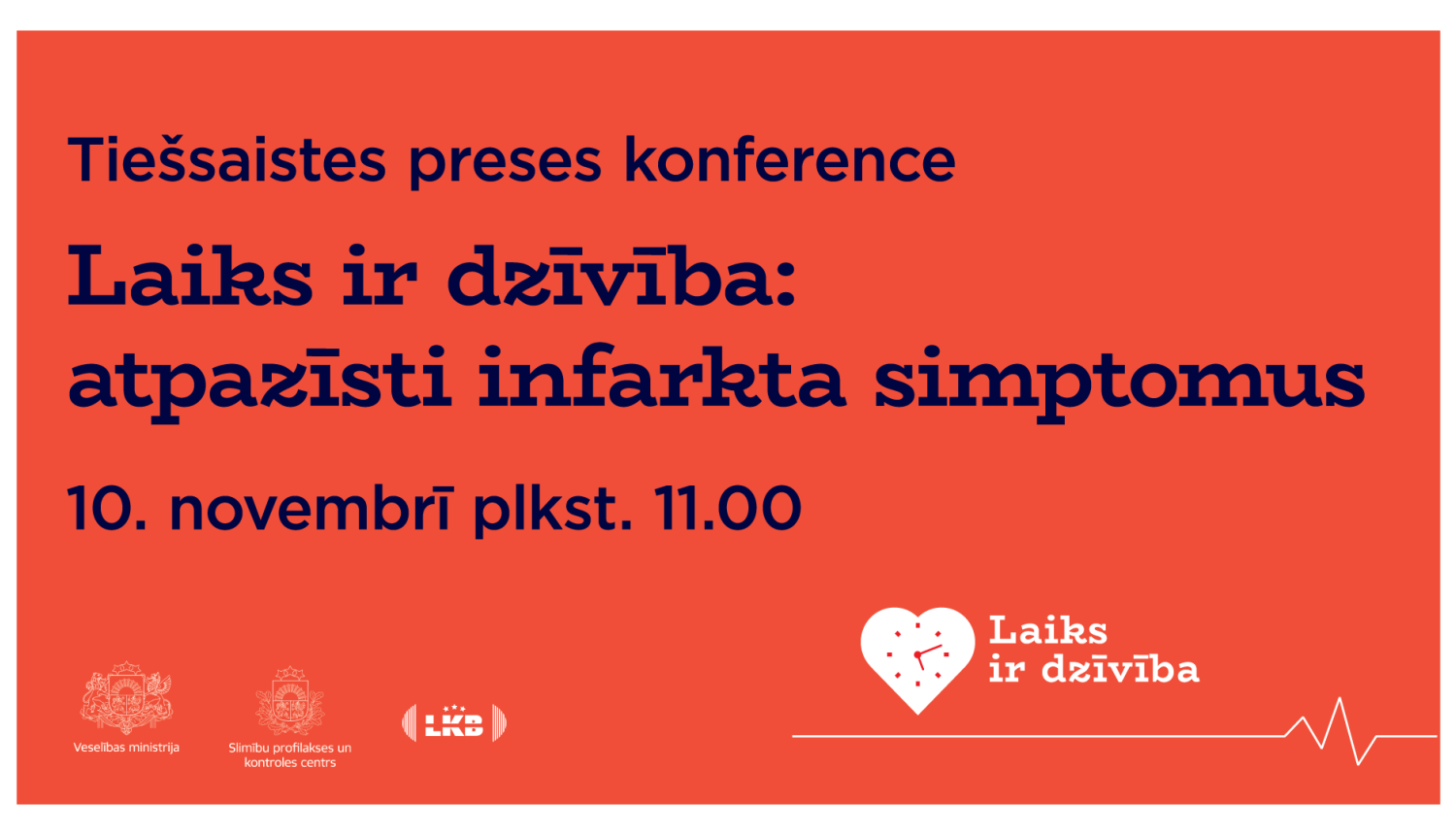 uz sarkana fona melniem burtiem aicinājums uz tiešraidi par infarkta simptomiem