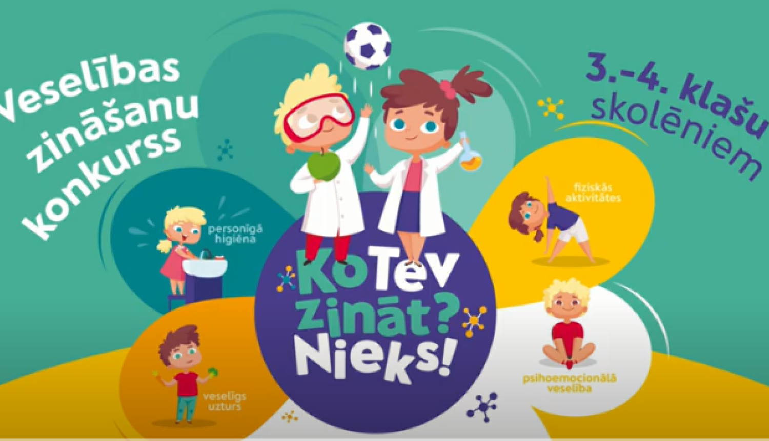 zaļi dzletens fons ar diviem zīmētiem bērniem, kas stāv uz zila apļa ar uzrakstu ko tev zināt nieks