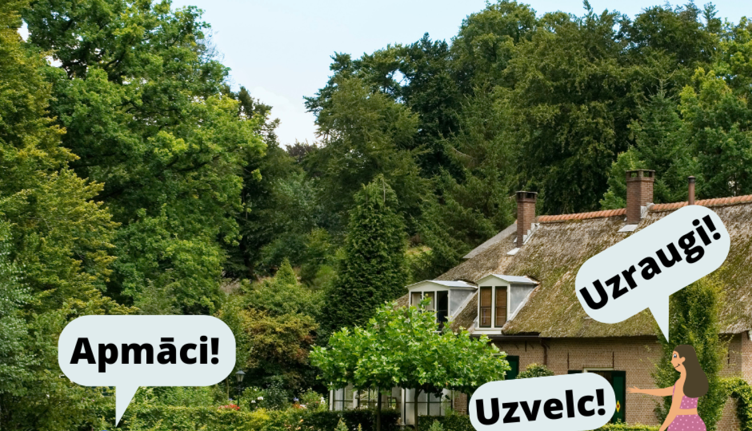 fonā mežmala un māja, priekšplānā vecāki ar bērniem atpūšas 