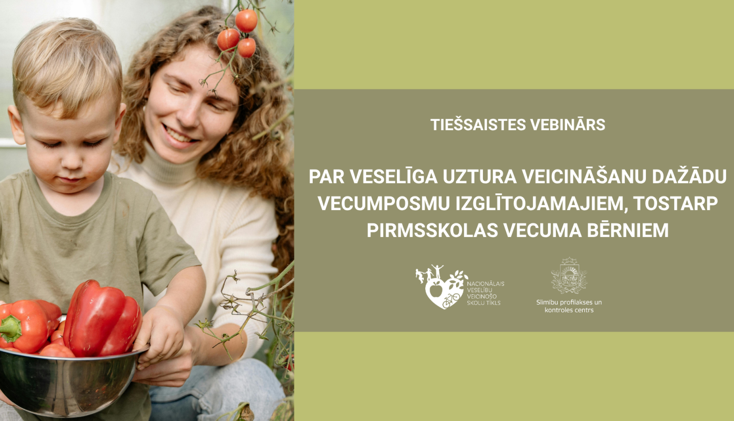 Uz zaļa fona sieviete tur klēpī dēlu ar dārzeņu bļodu rokās