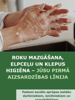 zaļs bukleta vāks , kurā attēlotas rokas ar ziepēm