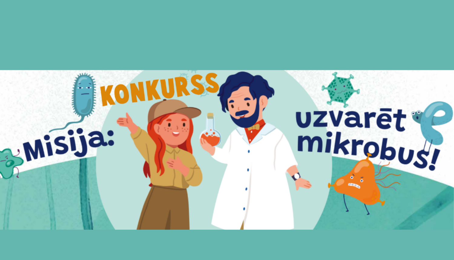 Baneris konkursam par mikrobiem zaļā krāsā