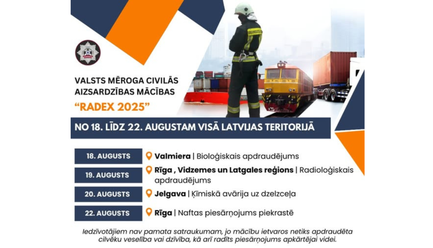 Attēlā redzams plakāts par valsts mēroga civilās aizsardzības mācībām “RADEX 2025”, kas notiks no 18. līdz 22. augustam visā Latvijas teritorijā. Kreisajā pusē augšā ir Valsts ugunsdzēsības un glābšanas dienesta logo un nosaukums, zem tā mācību nosaukums un datumi. Labajā pusē ir ugunsdzēsējs skafandrā, kravas vilciens un kravas konteinera pārvadājumu skats. Zemāk norādīti mācību datumi un scenāriji: 18. augusts – Valmiera, bioloģiskais apdraudējums; 19. augusts – Rīga, Vidzemes un Latgales reģions, radiolo